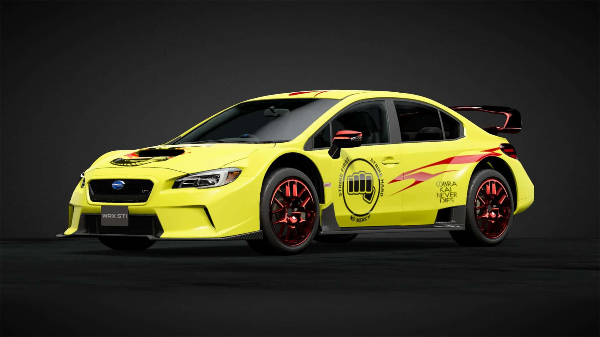 充滿活力的黃色Subaru WRX STI拉力賽車，配備紅色輪圈和賽車貼花。