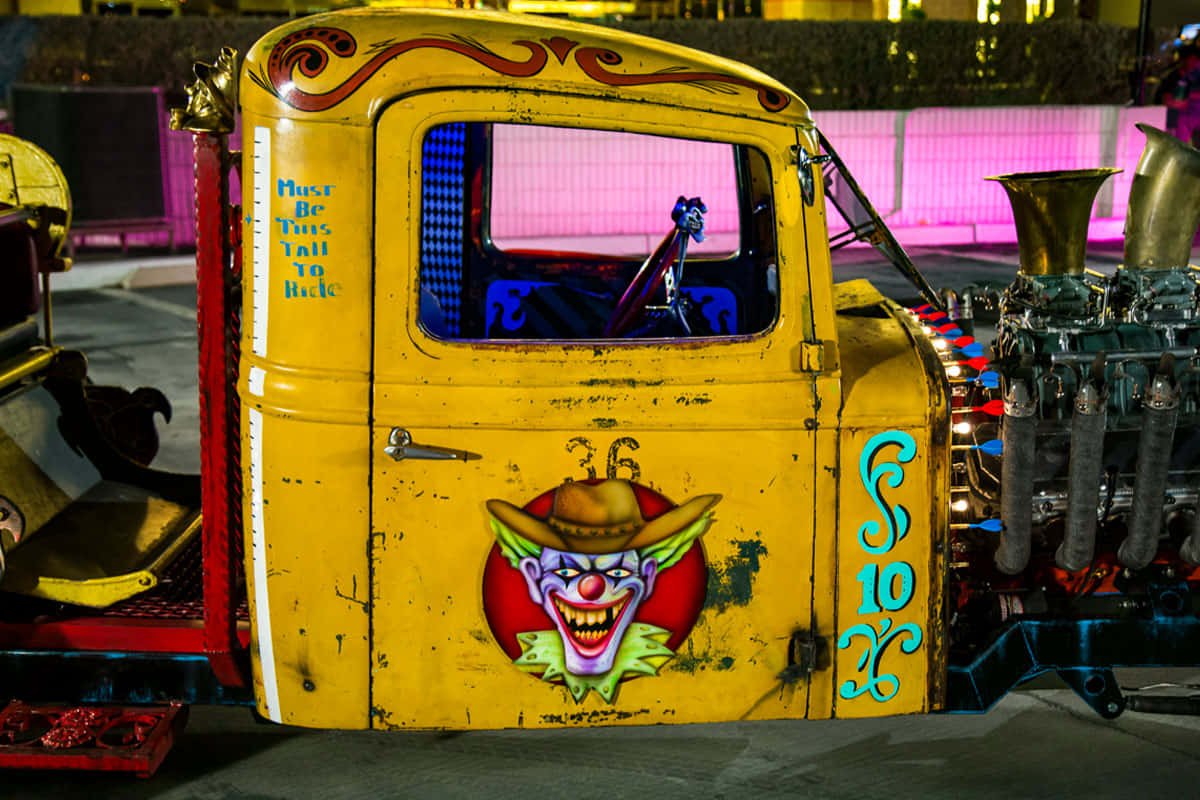  壁紙 — 一架鮮黃色復古改裝車，車身繪有小丑臉及「Must Be Tons Tall To Ride」字樣，夜晚停泊在粉紅色霓虹燈下。
