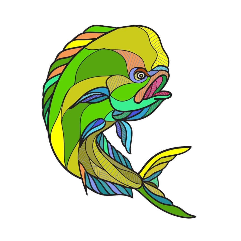 一條風格化的彩色魚插圖，帶有幾何圖案和粗線條。 — 邁阿密海豚 GIF 壁紙