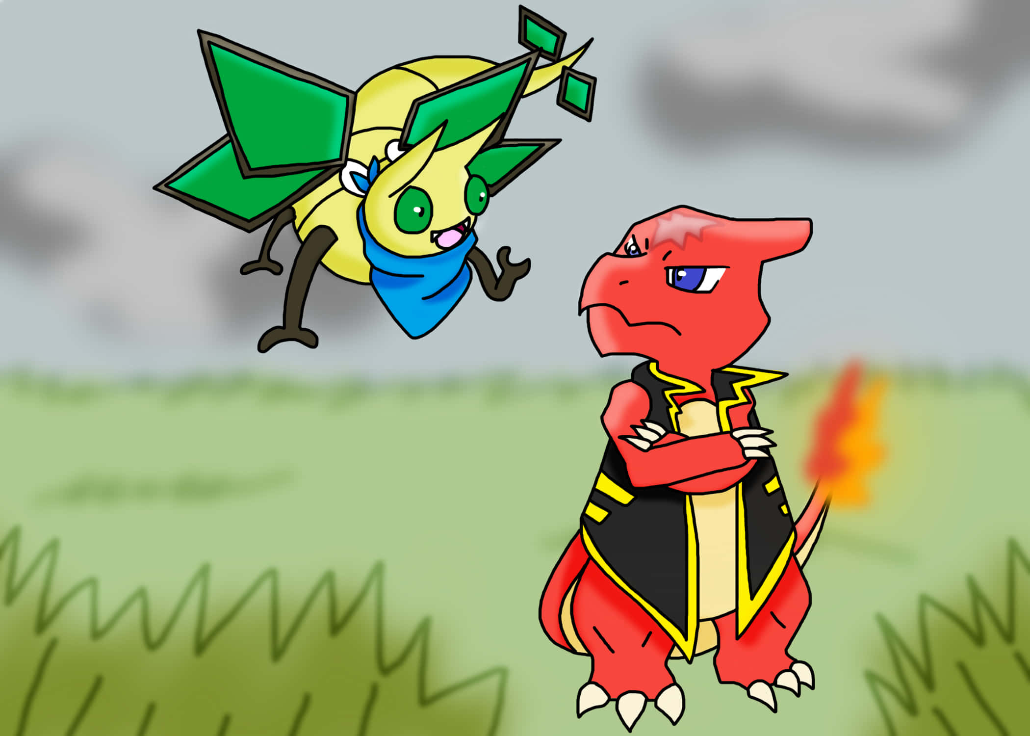 Vibrava與Charmeleon 壁紙 — 一隻開心的黃色蜜蜂狀寶可夢飛向一隻在草地上站著、帶有小火焰的脾氣暴躁的紅色龍狀寶可夢。