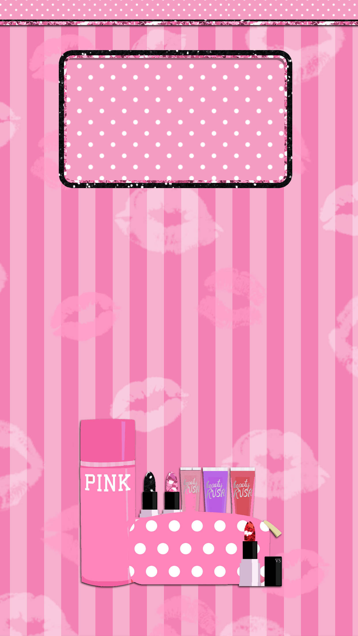 Victoria's Secret Pink 脣印圖案 壁紙 — 粉紅色條紋牆紙，帶有白色圓點和唇印，配有梳妝鏡和化妝品。
