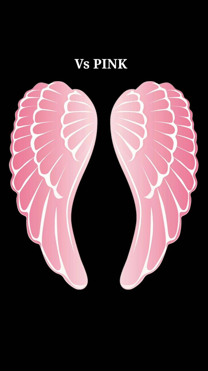 Victoria's Secret Pink 天使翅膀 壁紙 — 粉紅色天使翅膀帶白色輪廓，漂浮在純黑色背景上，上方有文字。