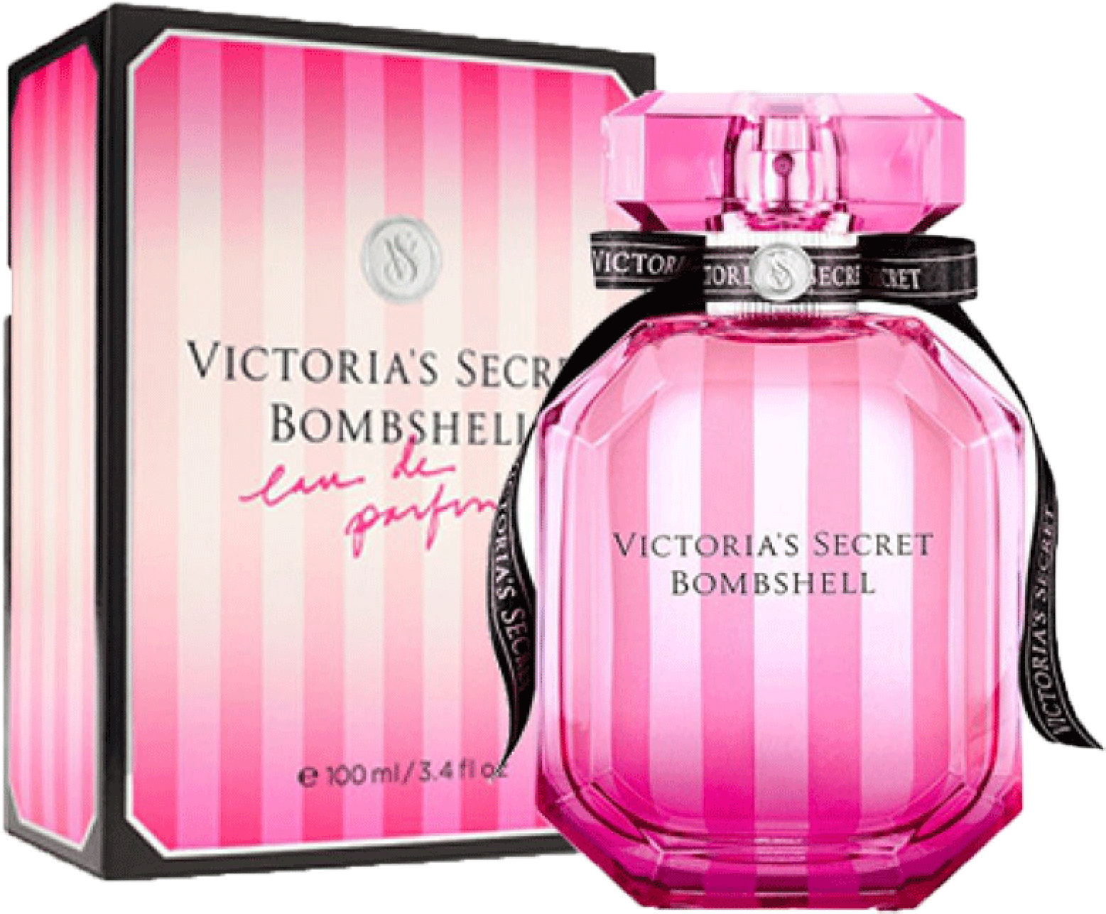 Victoria's Secret Bombshell香水與包裝 壁紙 — 鮮豔的粉紅色Victoria's Secret Bombshell香水瓶，搭配相配的條紋盒子，閃亮奪目。