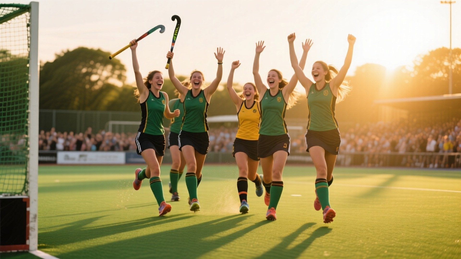 五名女子曲棍球運動員在日落時分的草地上慶祝入球。