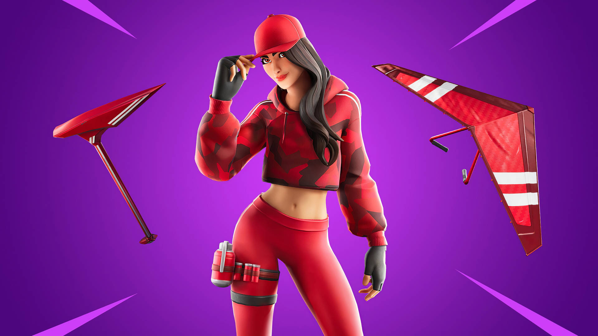 以全高清畫質贏得Victory Royale 壁紙 — 一個穿著紅色迷彩服的Fortnite角色在充滿活力的紫色背景下自信地擺姿勢，手持滑翔翼和鎬。