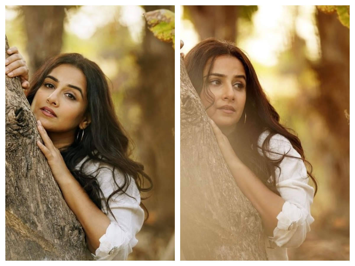 Vidya Balan 森林拼貼畫 壁紙 — 一位長黑髮的女性靠在陽光明媚的森林中的樹幹上，雙手放在樹皮上，金色的光線從她身後的樹葉間透進來。