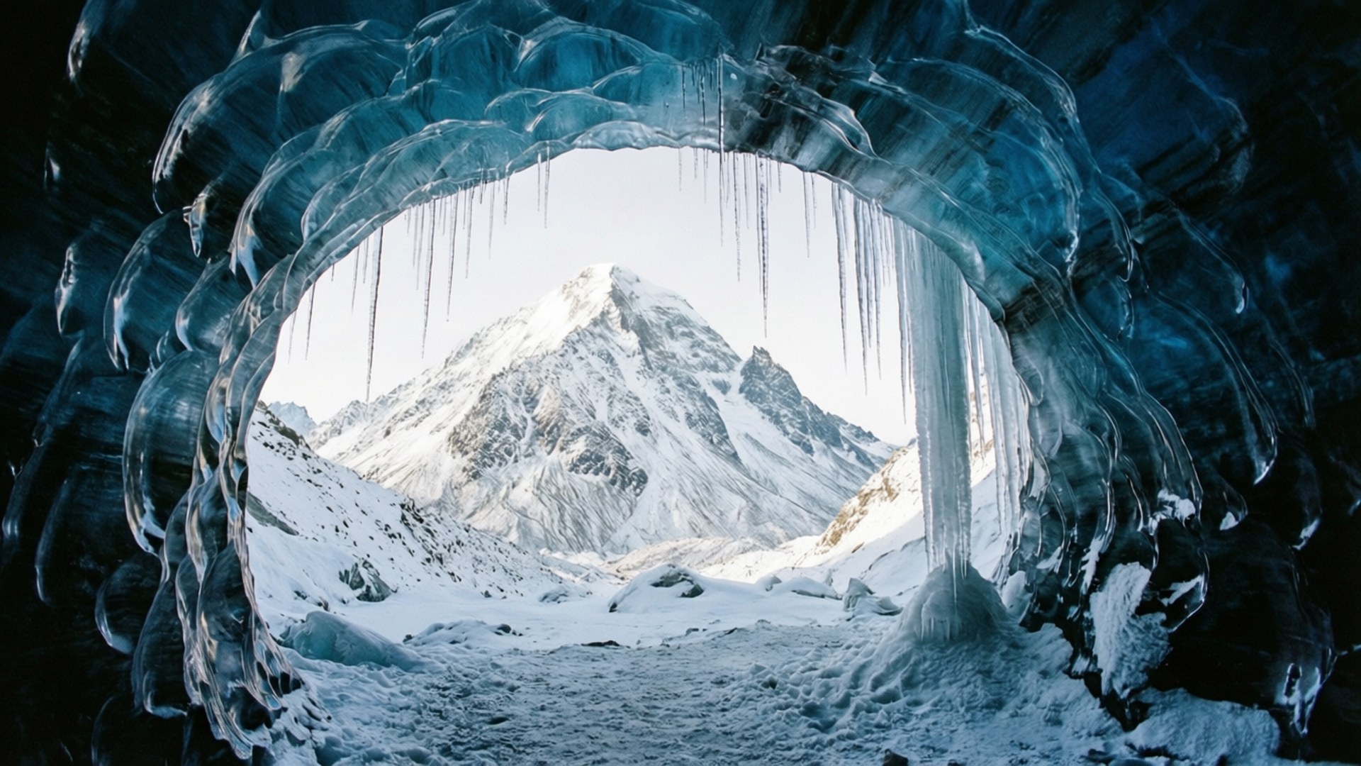 通過一個帶有冰柱的天然冰拱門看到的積雪山頂。