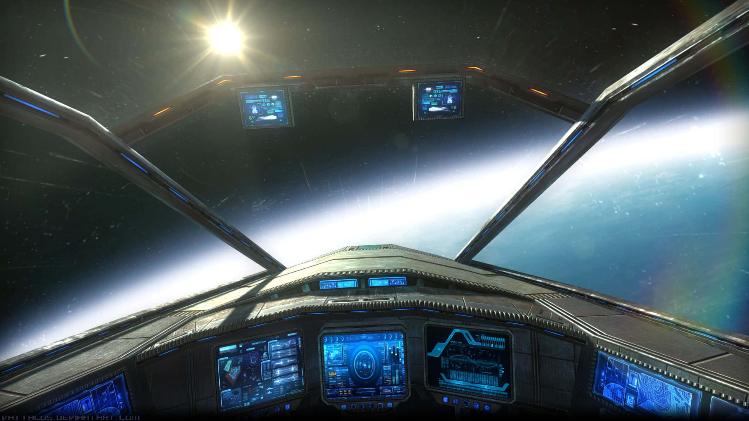 Spaceship Cockpit 桌布 壁紙 — 從未來太空船駕駛艙內部飛向一顆明亮恆星的景色，配備發光藍色全息顯示屏。