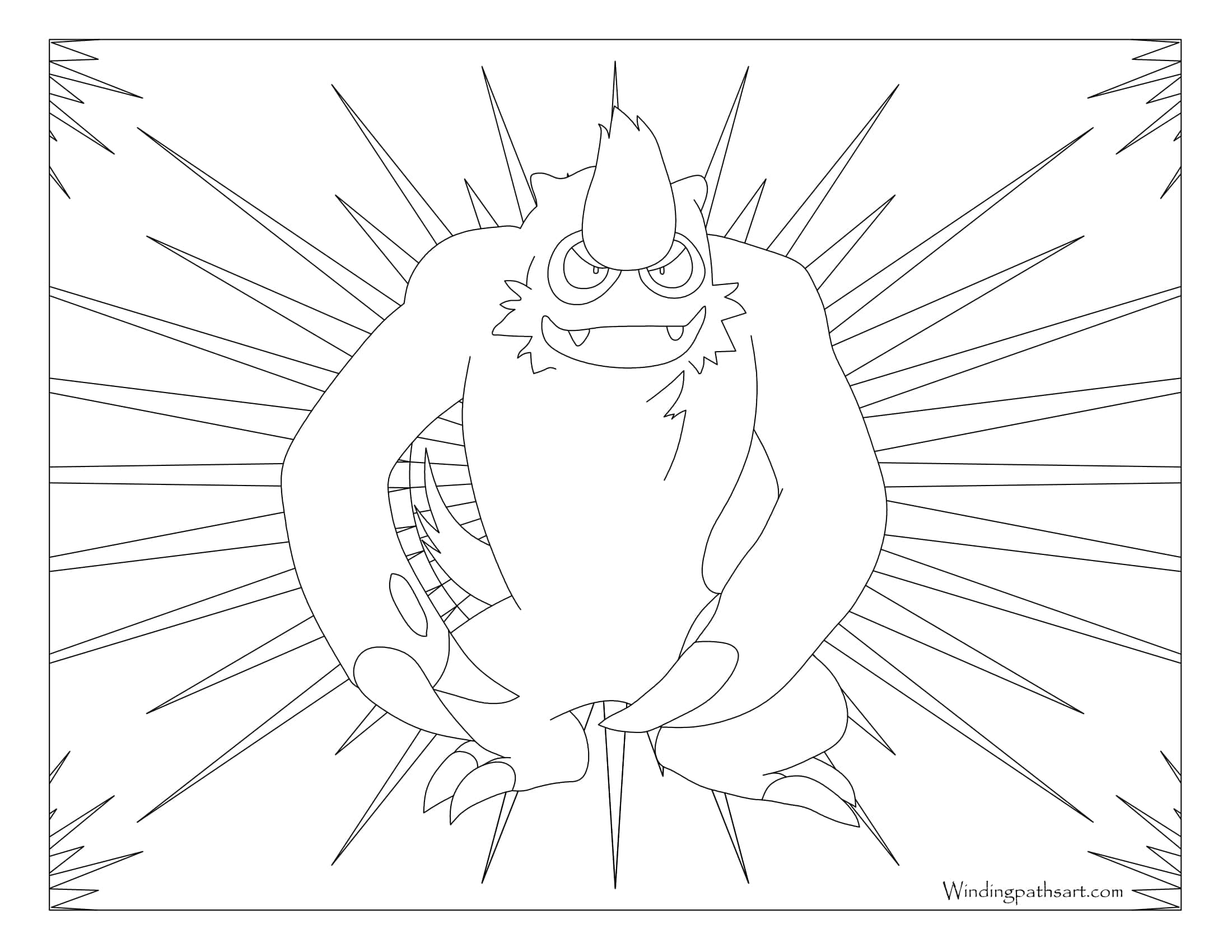 vigoroth簡筆畫 壁紙 — 一個大膽的黑白線條藝術，描繪一個有角、有爪、身上散發線條的尖刺怪物。