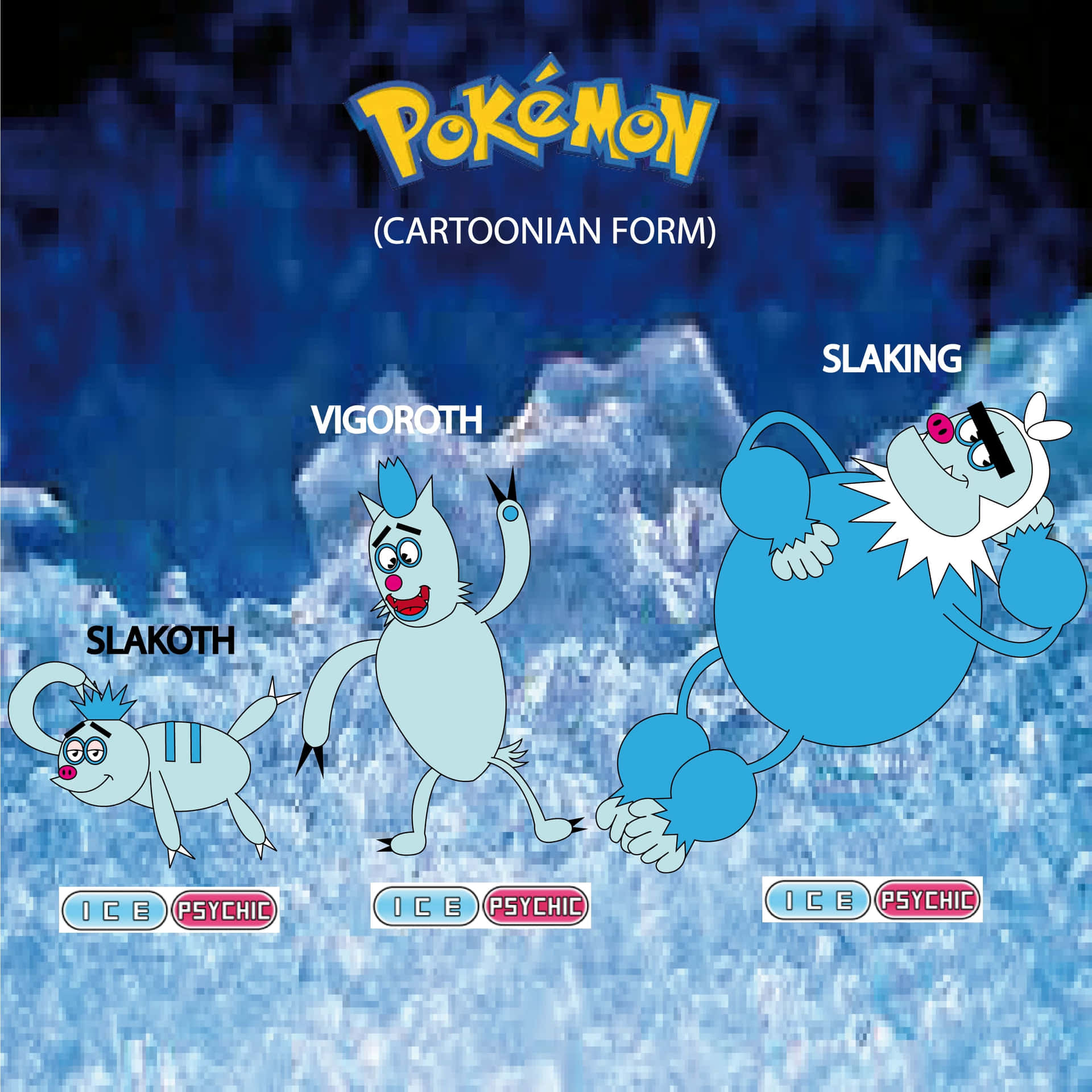 Vigoroth全動畫榮耀 壁紙 — 卡通風格嘅冰藍色Pokémon Slakoth、Vigoroth同Slaking，背景係雪山。