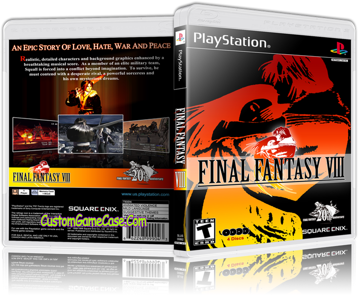 最終幻想VIII PlayStation遊戲盒 壁紙 — 一個充滿活力的PlayStation遊戲盒，用於《最終幻想VIII》，具有大膽的紅橙色和黑色藝術作品，風格化的角色和戲劇性的燈光。
