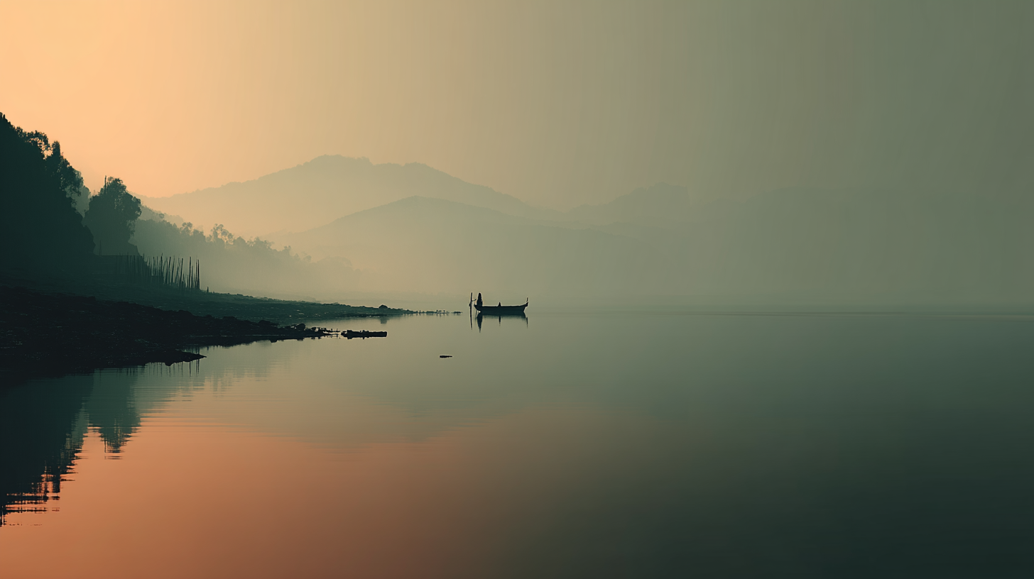 寧靜風景 VIII 壁紙 — 黎明時分，一位孤獨的漁夫乘著小船在霧氣瀰漫的湖面上滑行，山巒和樹木的剪影倒映在平靜的水面上。