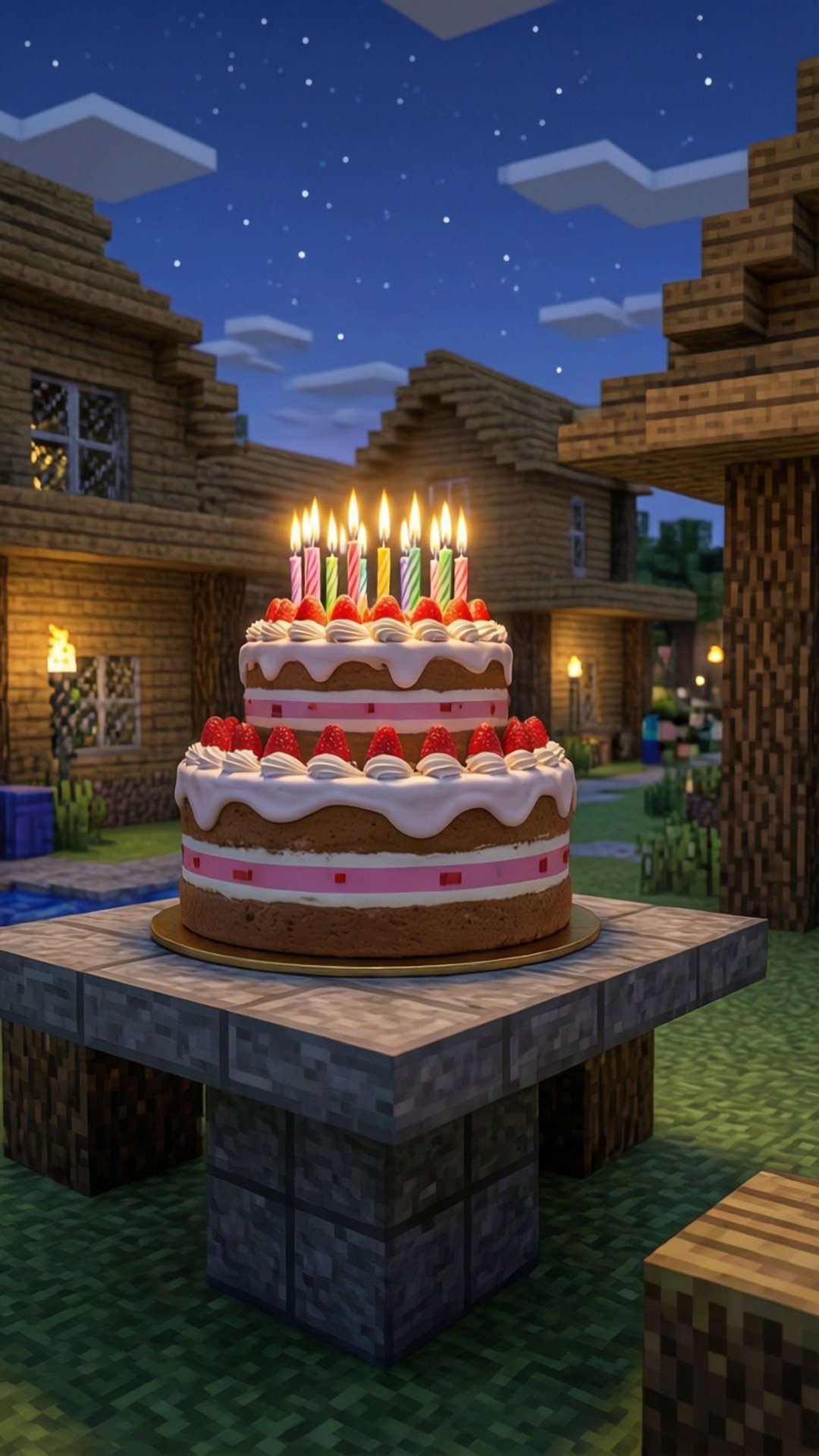 在Minecraft村莊的夜晚，一個有燃燒蠟燭和草莓的生日蛋糕放在石桌上。
