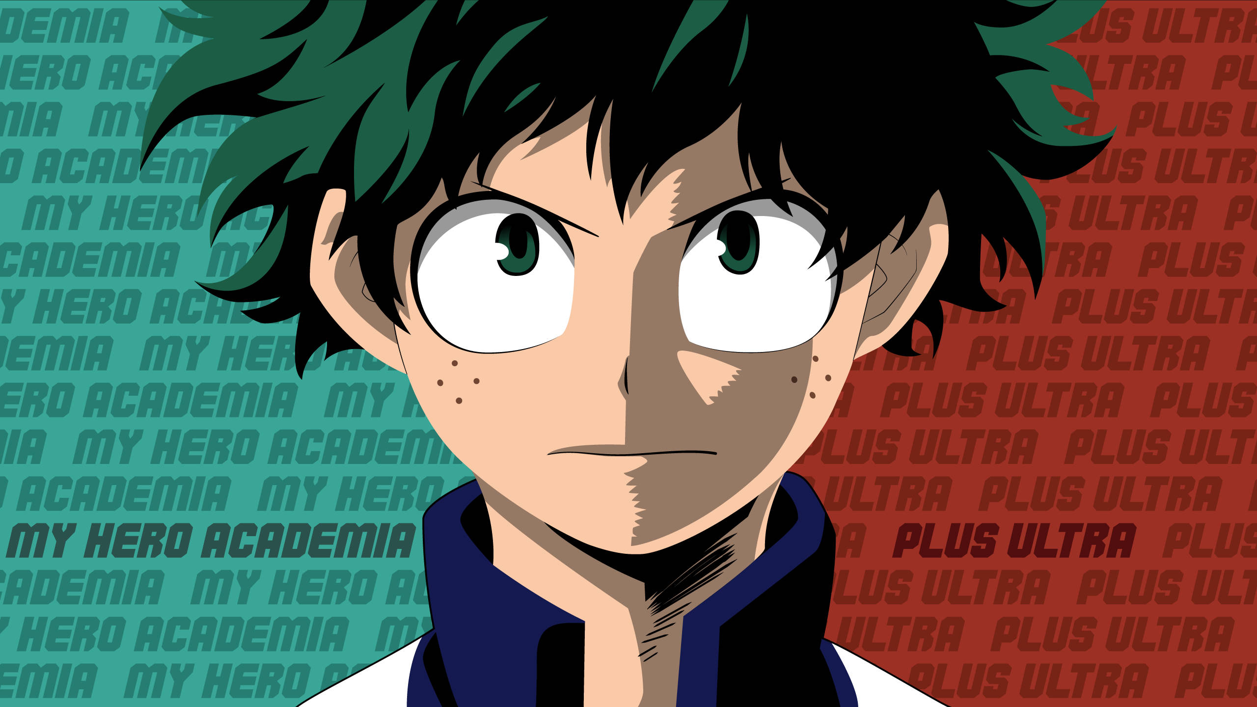 Villain Deku Plus Ultra 原創藝術 壁紙 — 特寫一個決心堅定的動漫男孩，擁有綠色眼睛和刺蝟頭，背景是分開的青色和紅色，重複著「My Hero Academia」和「Plus Ultra」。