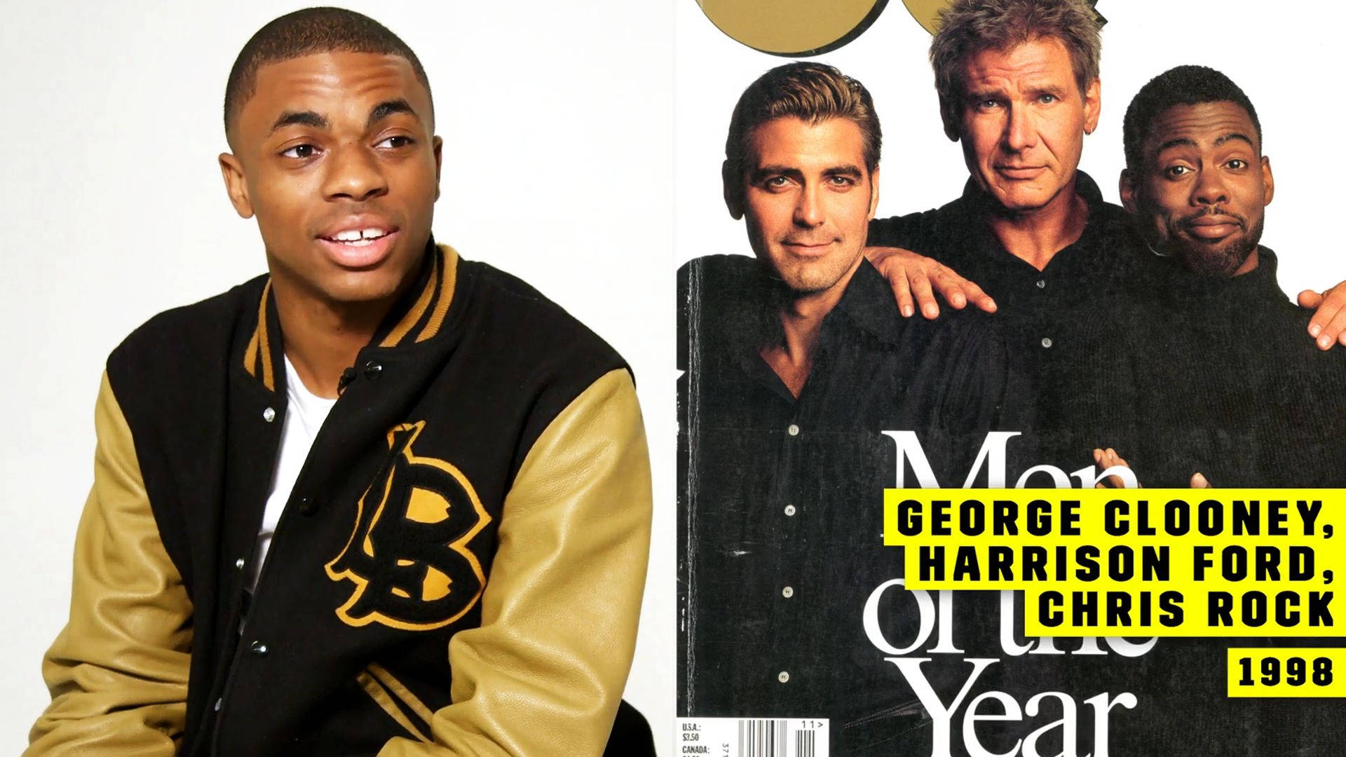 Vince Staples 接受訪問 壁紙 — 一張分割圖片，展示一位身穿黑金色棒球外套的年輕男子，旁邊是1998年《Men of the Year》雜誌封面，封面人物包括佐治古尼、夏里遜福和基斯洛克。