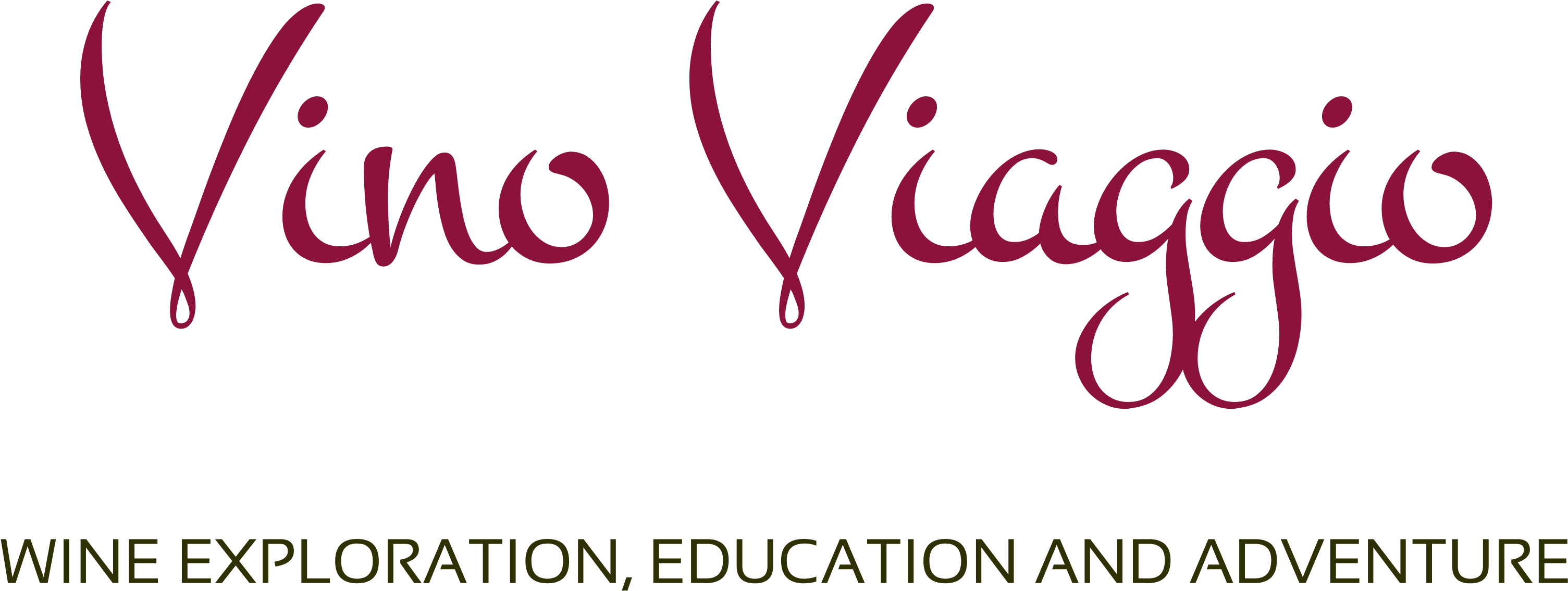 Vino Viaggio 葡萄酒探索標誌 壁紙 — 優雅的酒紅色草書文字「Vino Viaggio」，帶有酒滴點綴，黑色背景，下方金色標語。