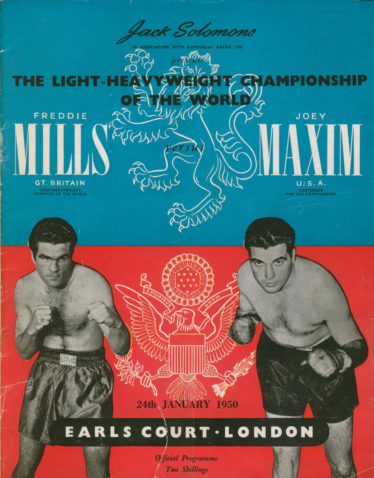 喬伊·馬克辛海報 壁紙 — 1950年Freddie Mills對Joey Maxim的復古拳擊海報，採用大膽紅藍字體及中央鷹徽。