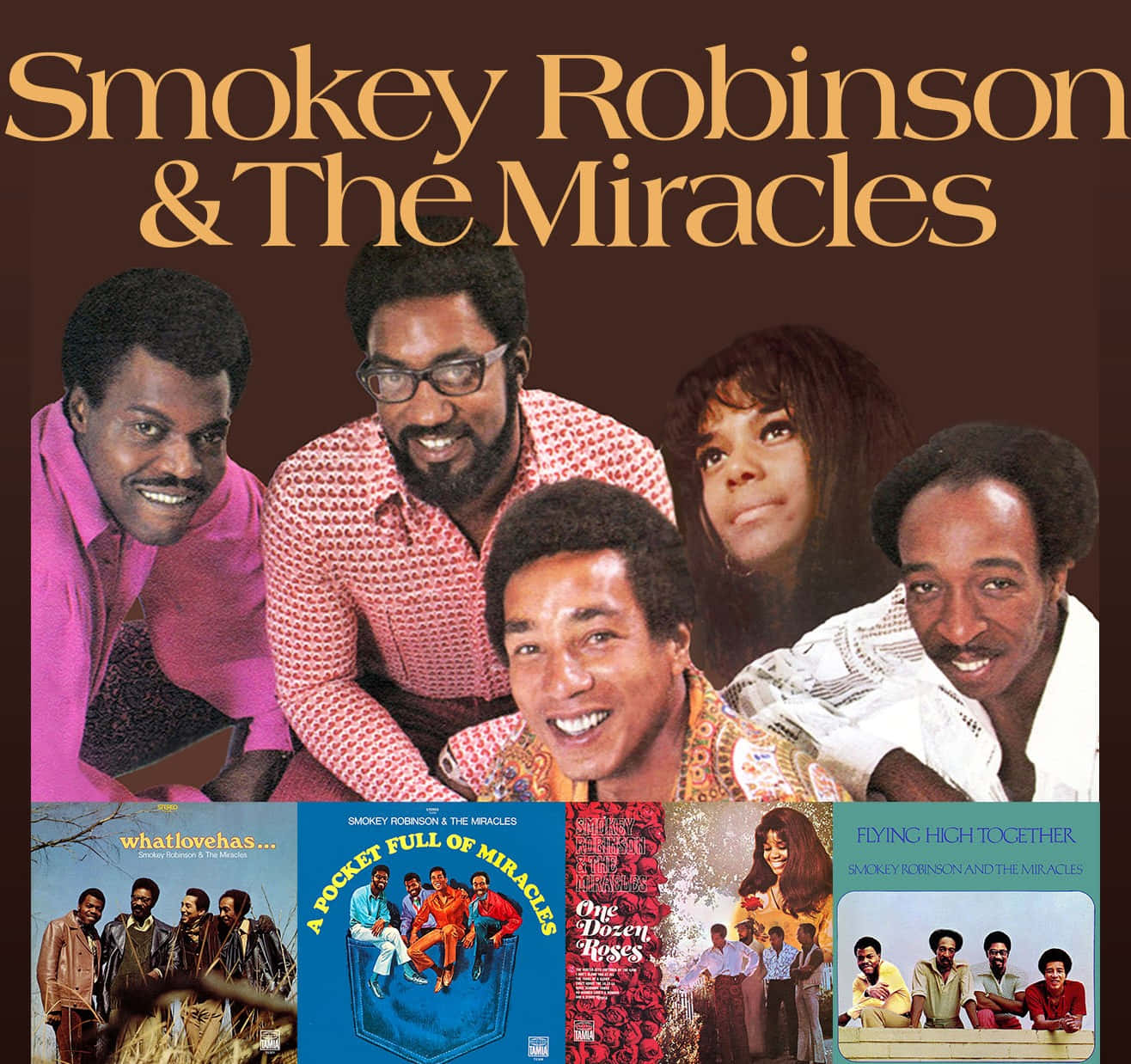  壁紙 — 1970年代復古專輯封面， featuring Smokey Robinson 和 The Miracles 穿著彩色圖案襯衫，背景為棕色。