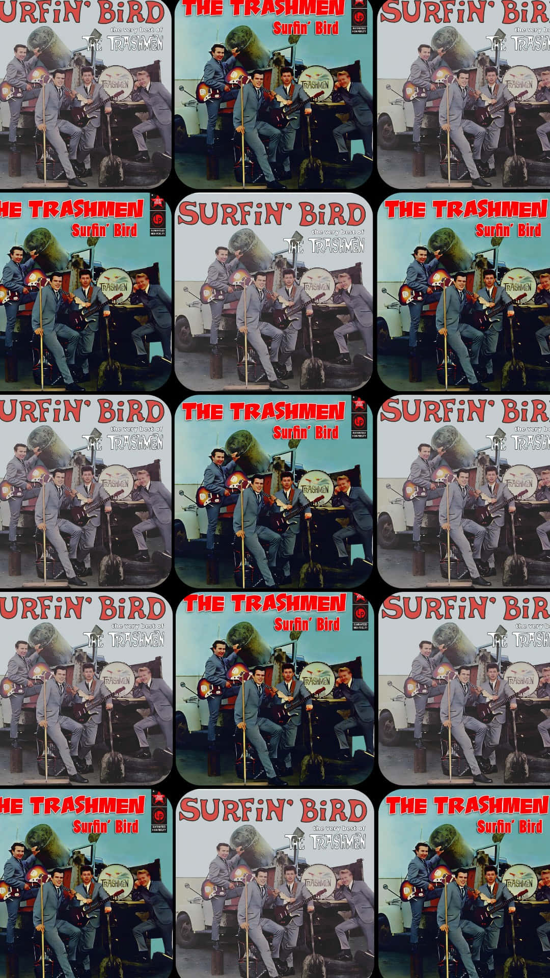  壁紙 — The Trashmen 演奏《Surfin' Bird》的復古專輯封面拼貼，復古衝浪搖滾樂隊穿著配套西裝。