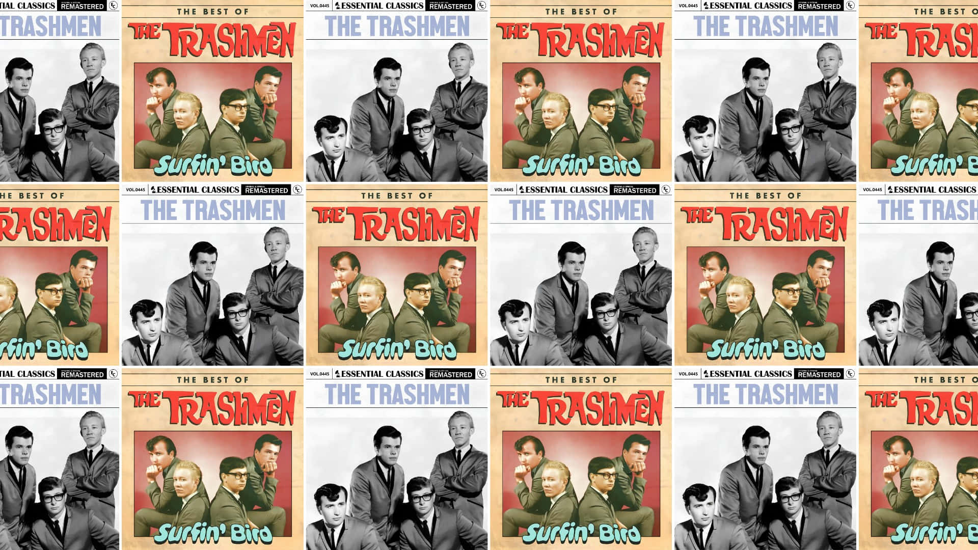  壁紙 — The Trashmen 的《Surfin' Bird》復古專輯封面拼貼，重複黑白和彩色版本。