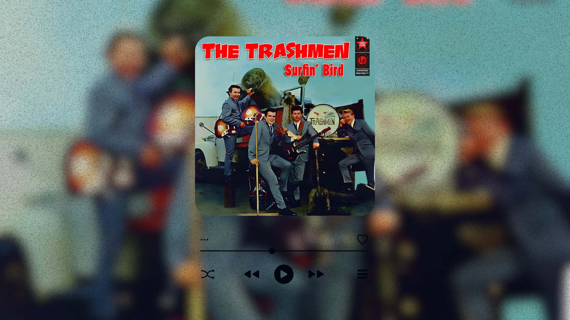  壁紙 — The Trashmen 演奏《Surfin' Bird》的復古專輯封面，復古衝浪搖滾樂隊身穿西裝並手持樂器。