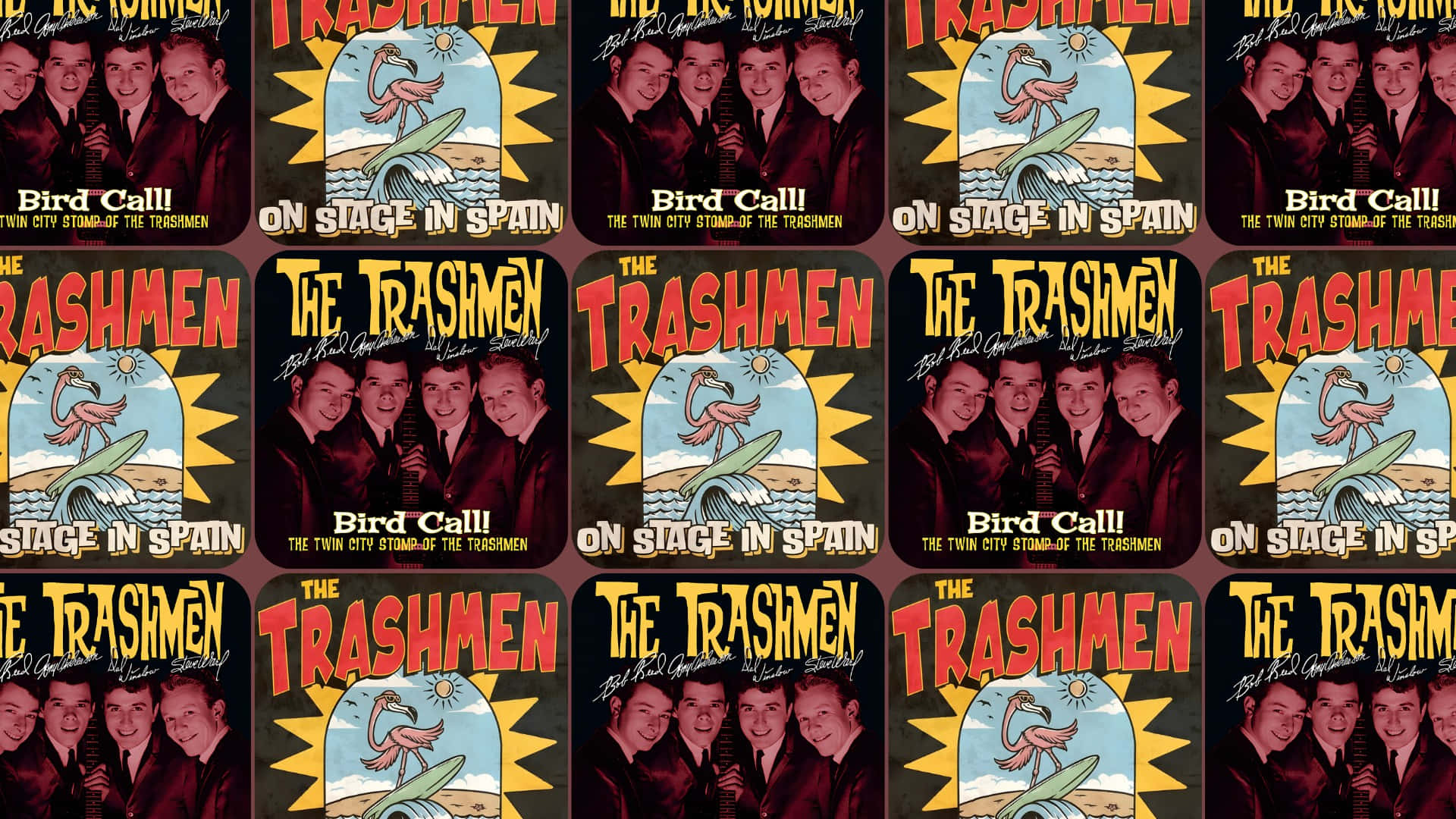  壁紙 — 復古專輯封面圖案， featuring The Trashmen 同埋一隻喺滑浪板上嘅火烈鳥，喺陽光四射之下。
