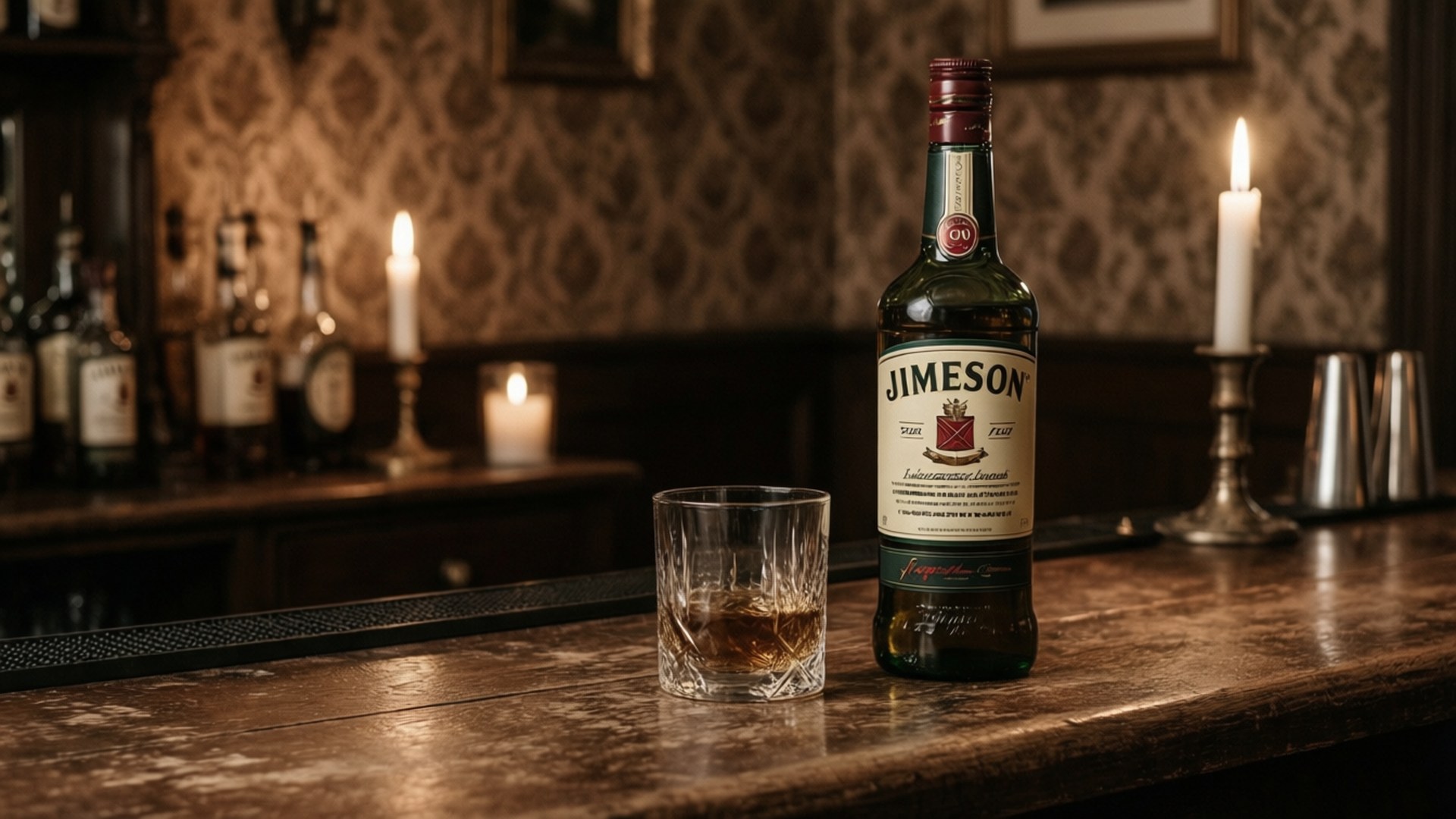 Jameson威士忌瓶和杯子在木製吧檯上，背景有燃燒的蠟燭。