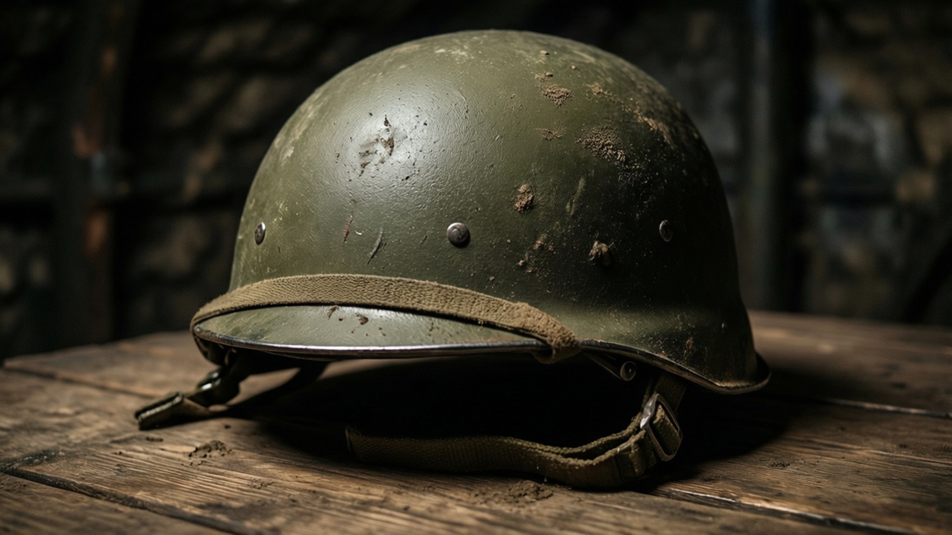 舊軍用頭盔佈滿灰塵，放在木桌上。