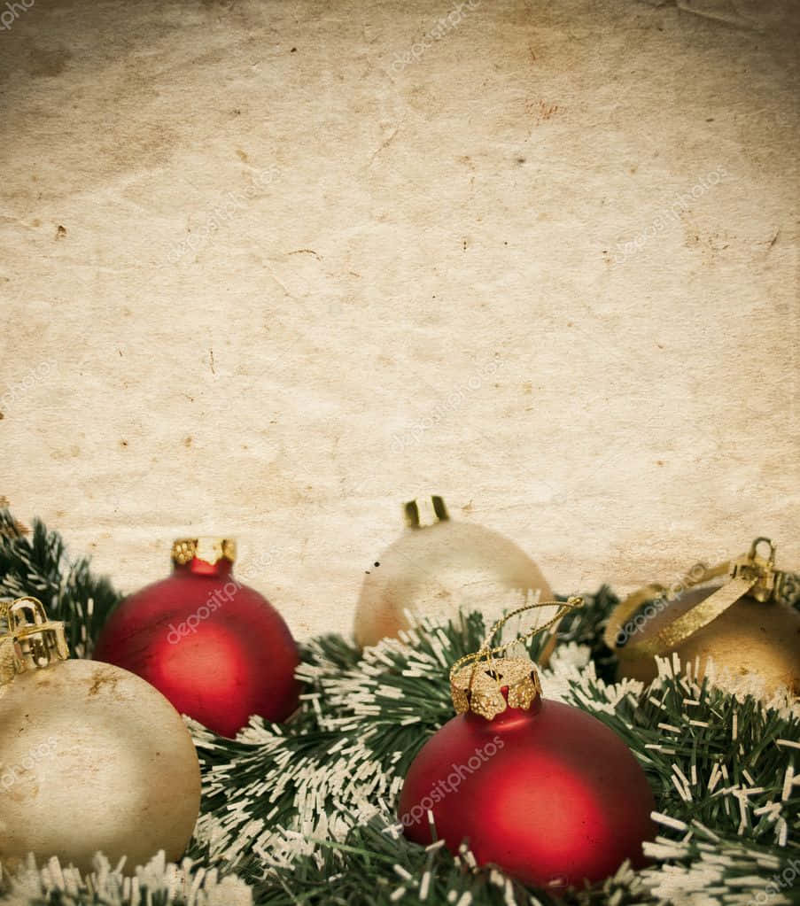 Vintage Christmas 桌布 壁紙 — 復古聖誕裝飾（紅色和金色）放在雪白的松針上，背景是帶紋理的米色。