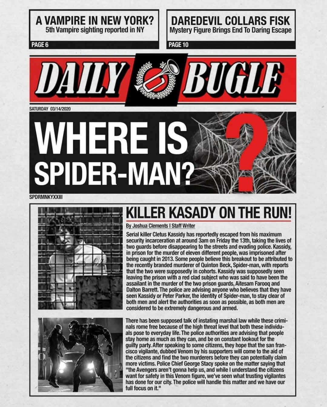 Daily Bugle 桌布 壁紙 — 一份復古漫畫風格報紙頭版，以粗體標題報導蜘蛛俠失蹤和殺手卡薩迪越獄。