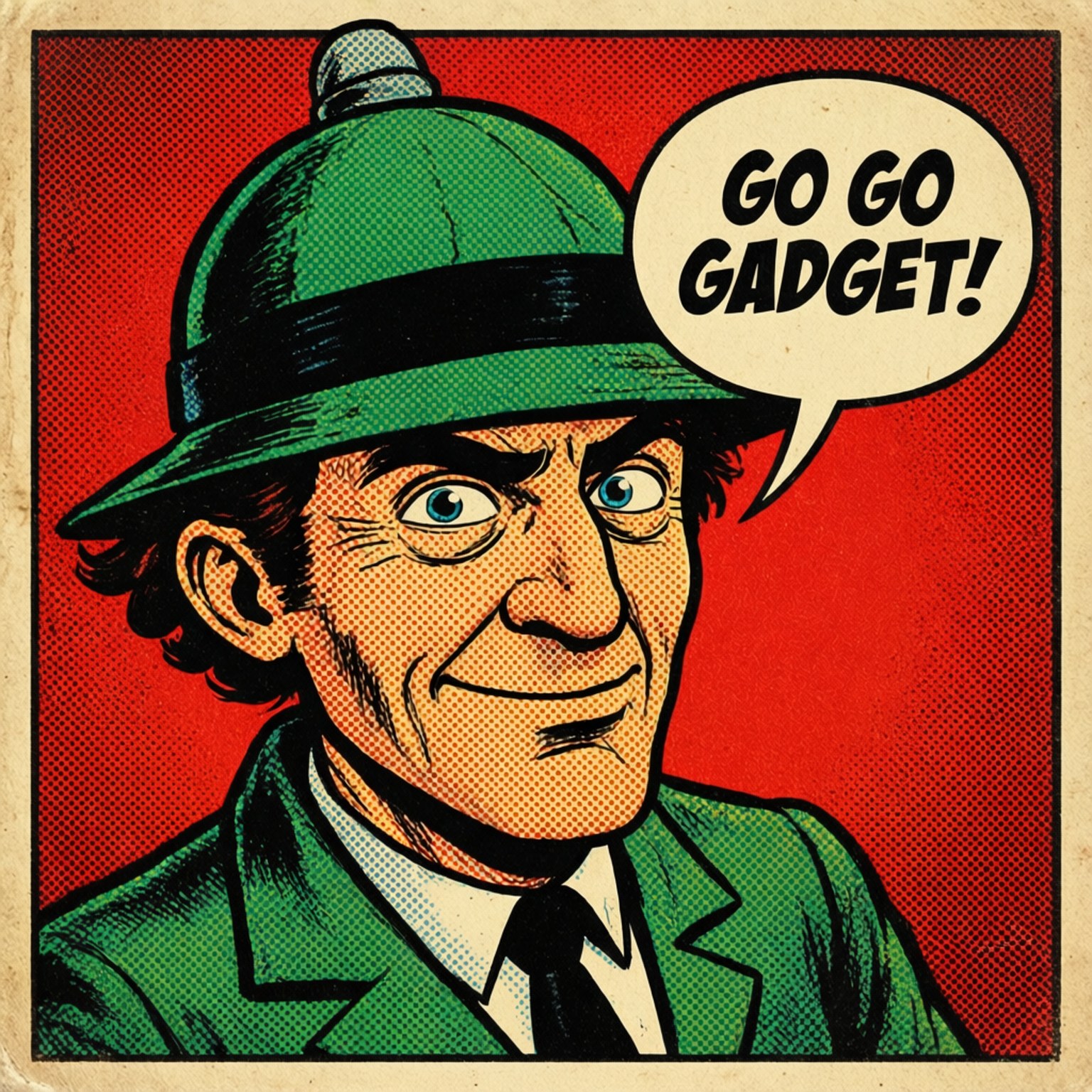 戴綠色帽子的男子以漫畫風格大喊「Go Go Gadget!」。