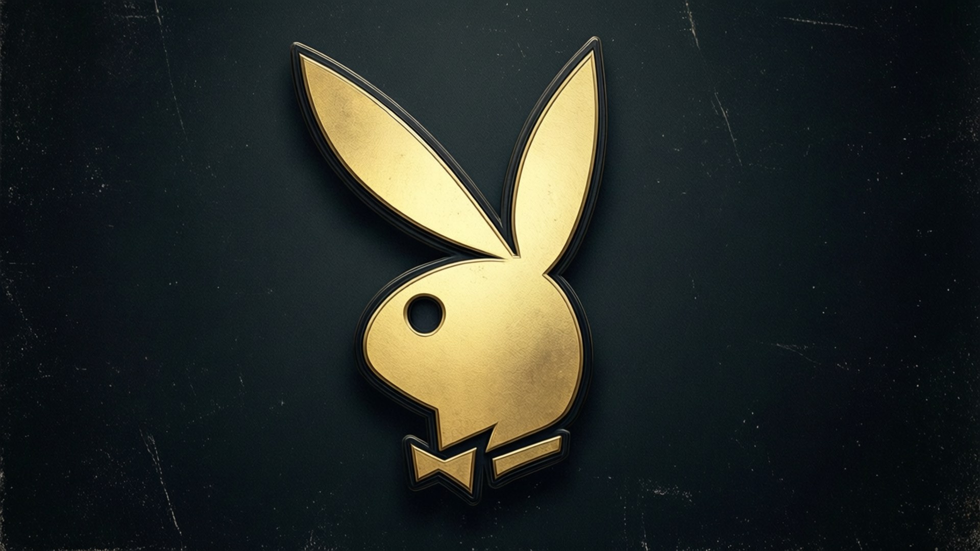 金色Playboy兔子標誌配蝴蝶結，深色紋理背景