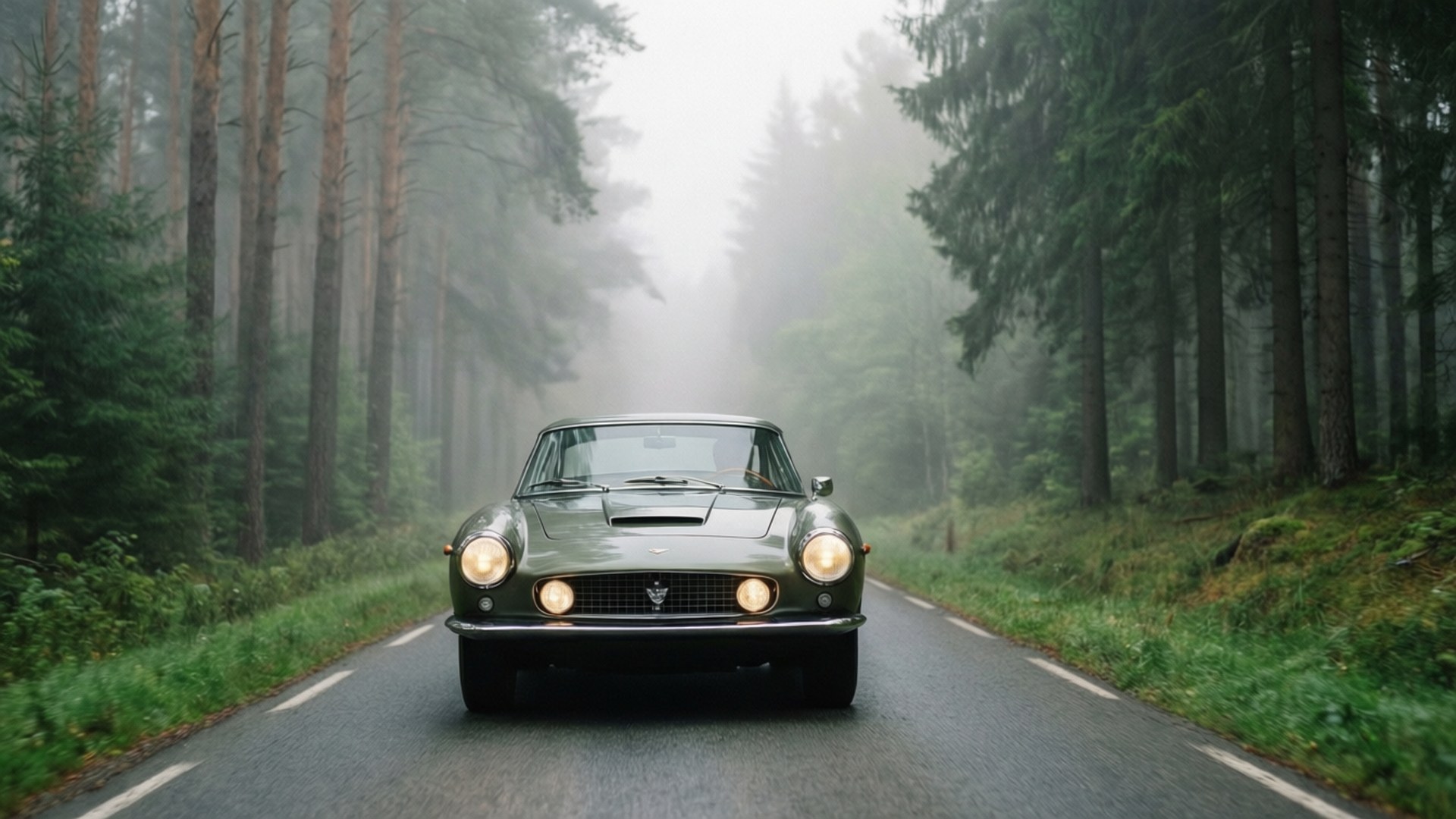 Maserati 3500 Gt 桌布 壁紙 — 一輛復古綠色跑車亮著車頭燈，行駛在一條被高大松樹環繞的迷霧森林道路上。