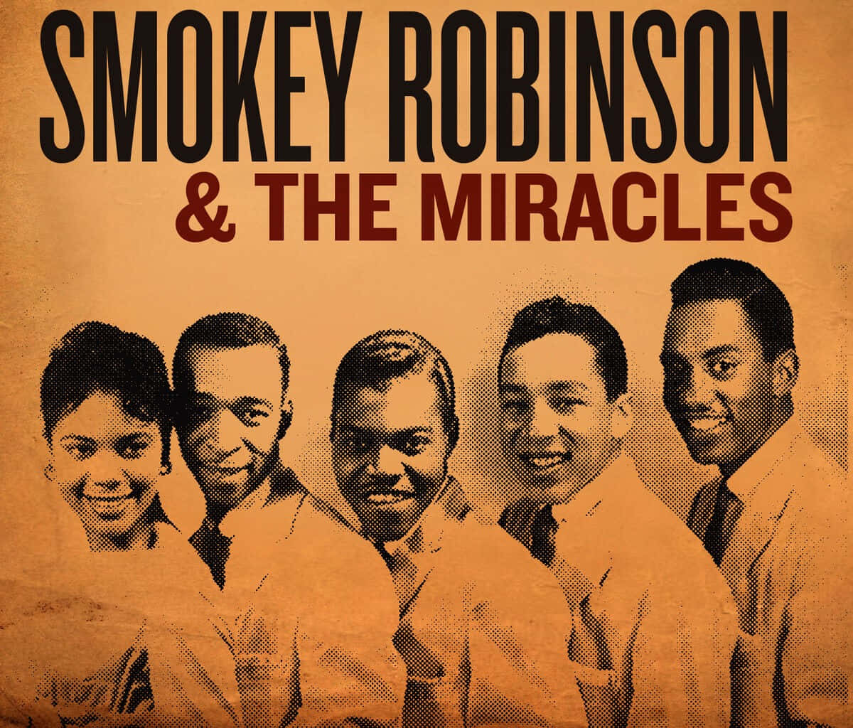  壁紙 — Smokey Robinson & The Miracles 在質感懷舊深褐色背景前溫暖微笑的復古半色調肖像。