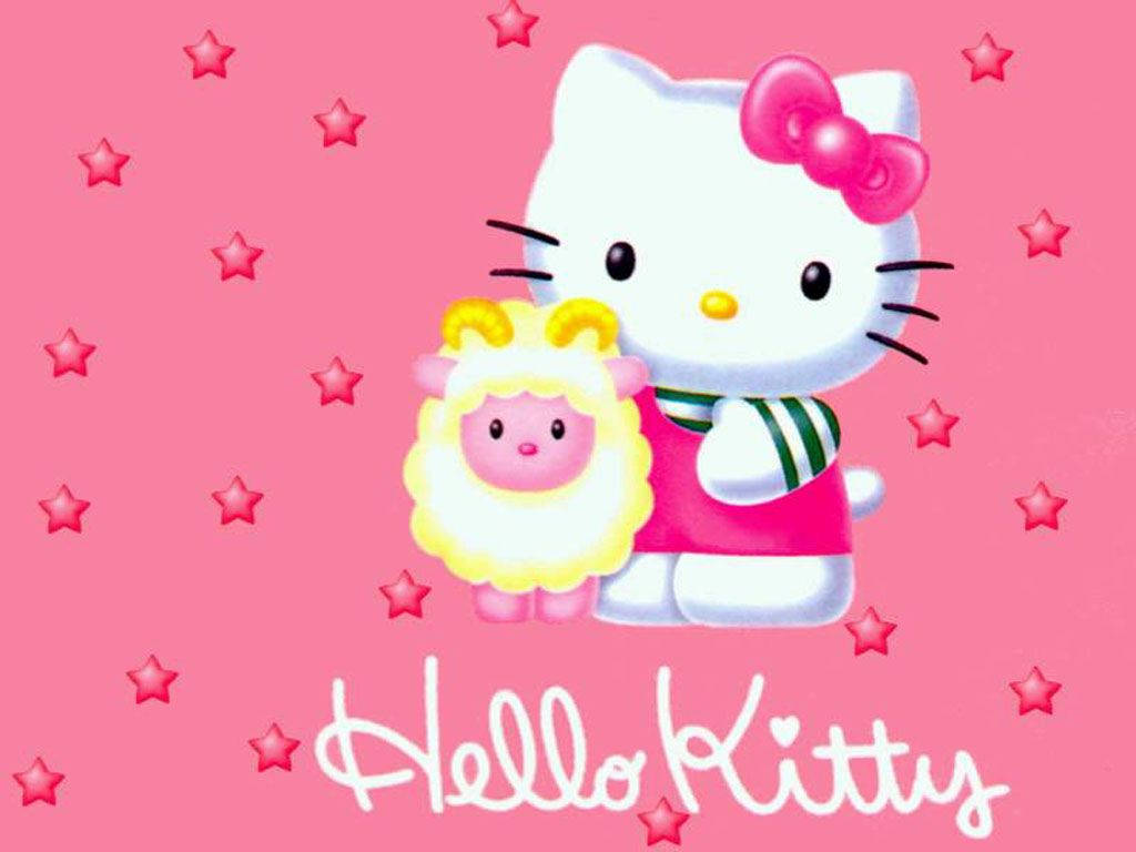 珊瑚粉背景下的可愛Hello Kitty與綿羊壁紙