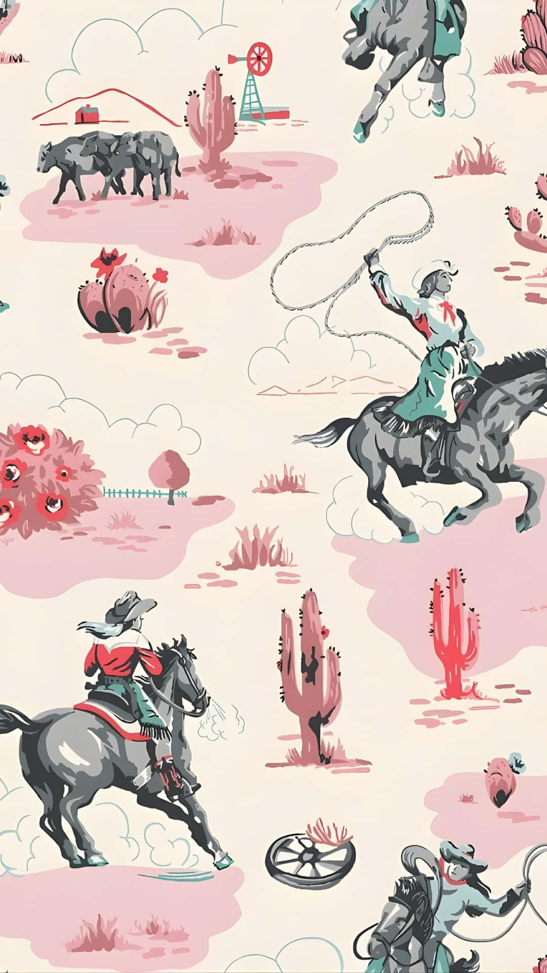  壁紙 — 復古插畫牛仔場景，以柔和粉紅與青綠色調呈現馬匹、風車和仙人掌。