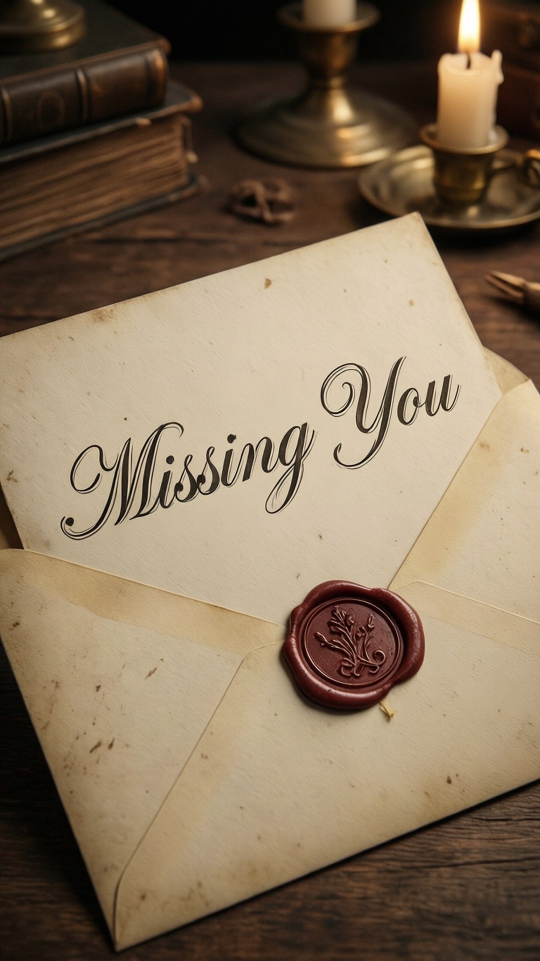 一個復古信封，上面有手寫的「Missing You」和紅色火漆，放在木桌上，旁邊有蠟燭和書本。