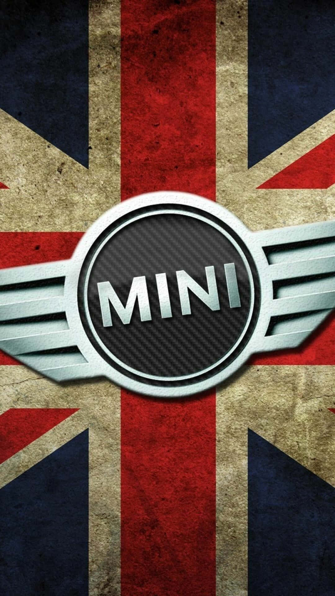  壁紙 — 一個復古MINI標誌置於經風化的英國國旗中央，帶有紋理的紅白藍條紋。
