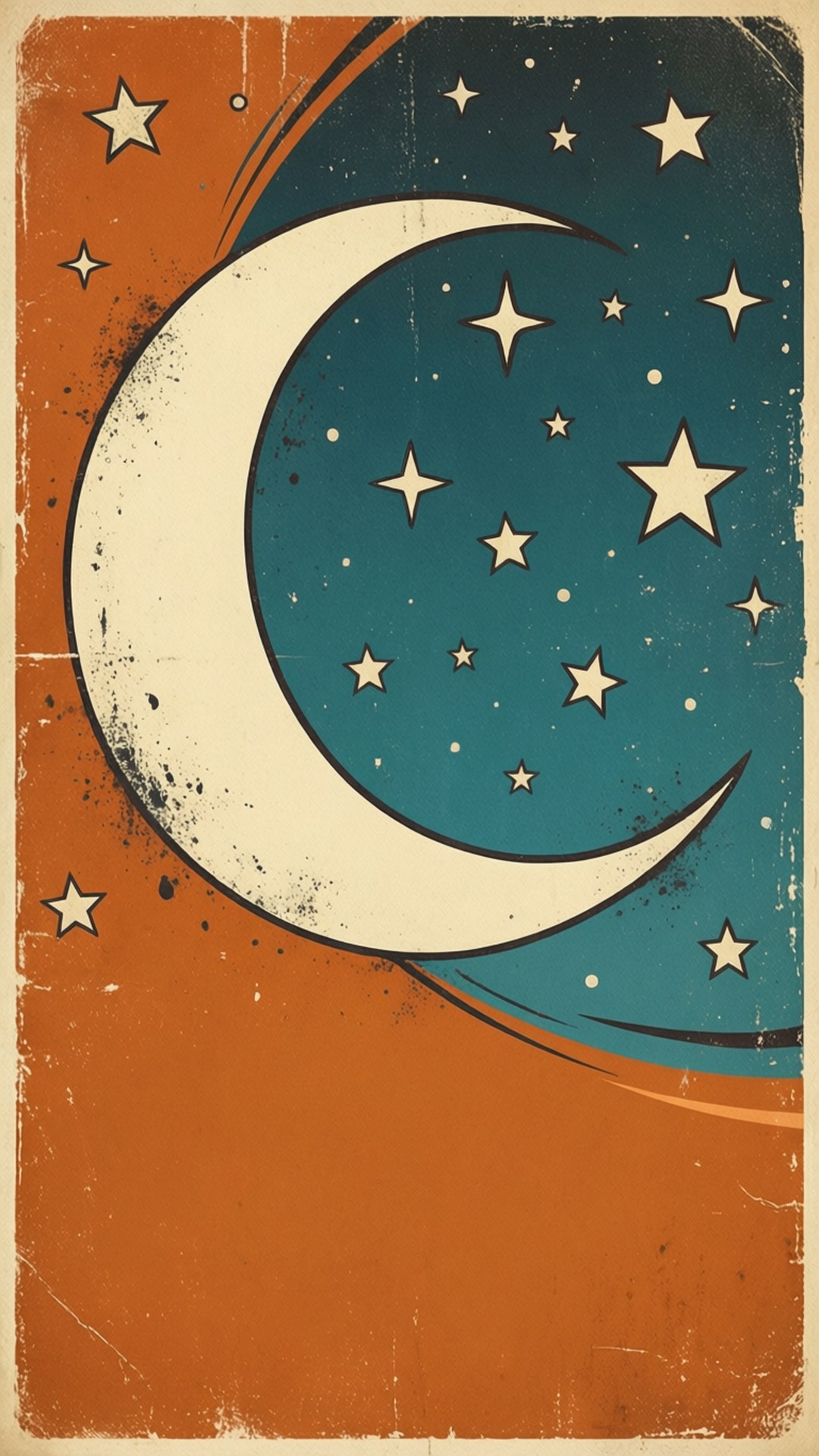 Vintage Moon Poster 壁紙 — 一個風格化的新月，帶有星星漩渦，襯以有紋理的橙色和藍綠色背景。