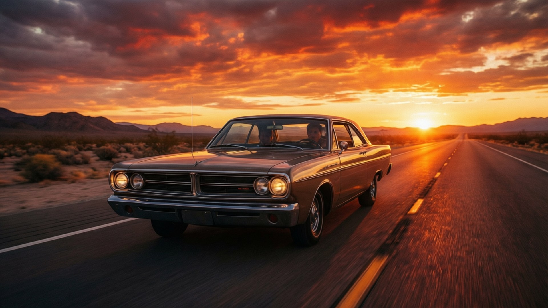 Dodge Polara 桌布 壁紙 — 一輛復古肌肉車在沙漠公路上行駛，背景是夕陽西下、山巒起伏的壯麗天空。