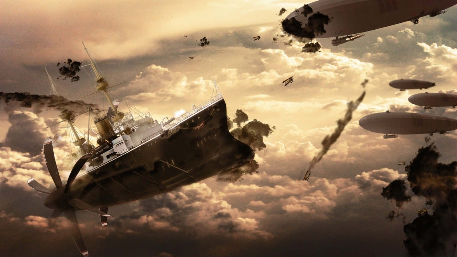  壁紙 — 一艘復古遠洋郵輪倒轉漂浮在雲層密佈的天空中，周圍是飛船和碎片，構成超現實的空戰場景。
