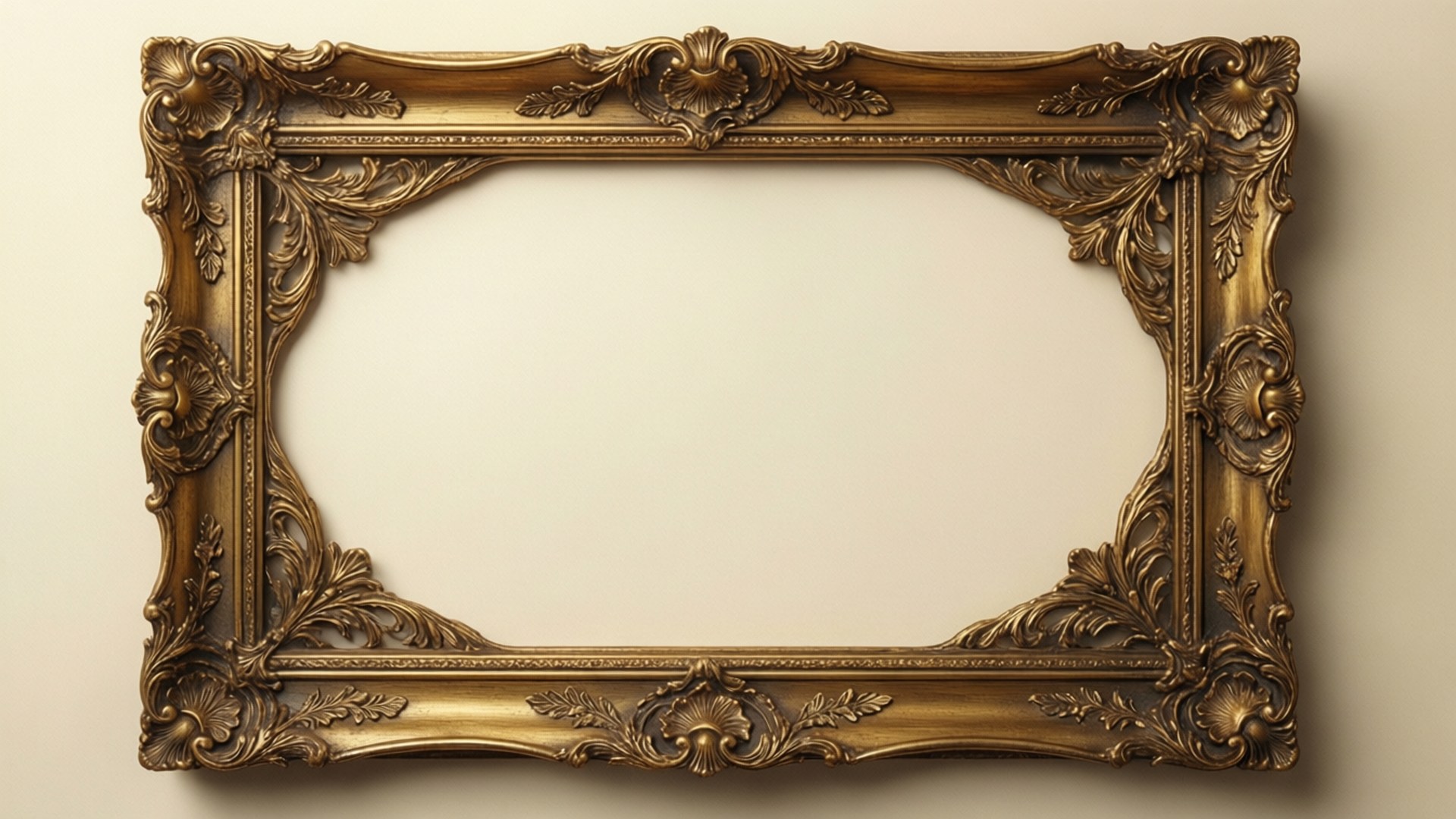 Vintage Ornate Frame 壁紙 — 一個華麗的金色相框，帶有精緻的花卉雕刻，掛在柔和的米色牆上。