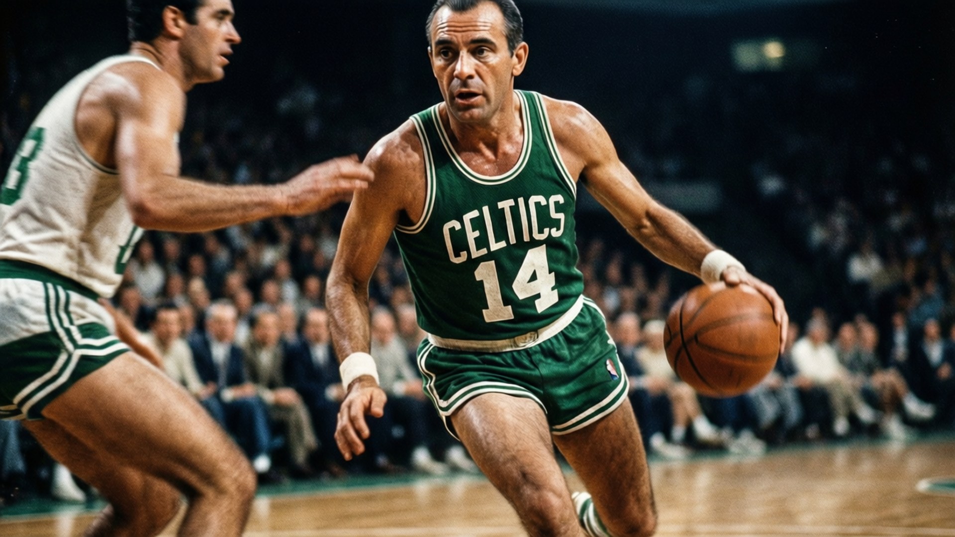 Cousy Fast Break 壁紙 — 一張塞爾特人球員身穿綠色球衣，在激烈比賽中運球，防守球員緊追在後的復古照片。