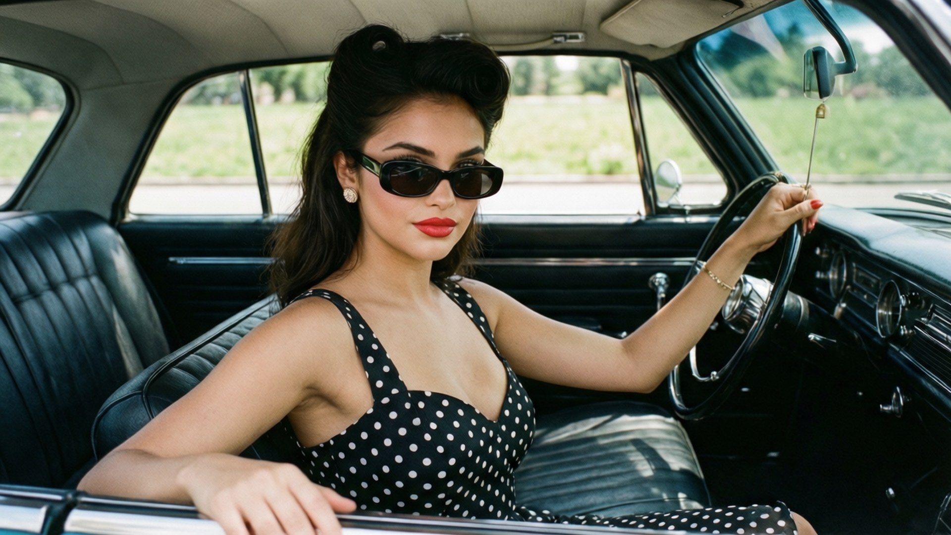 身穿圓點連衣裙和太陽眼鏡的女性駕駛配有皮革內飾的復古車