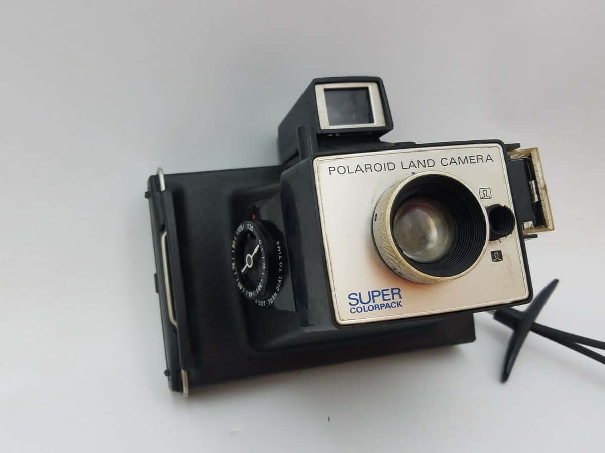  壁紙 — 一部復古Polaroid Super Colorpack Land相機放置在純白色表面上，鏡頭和轉盤清晰可見，顯示使用痕跡。