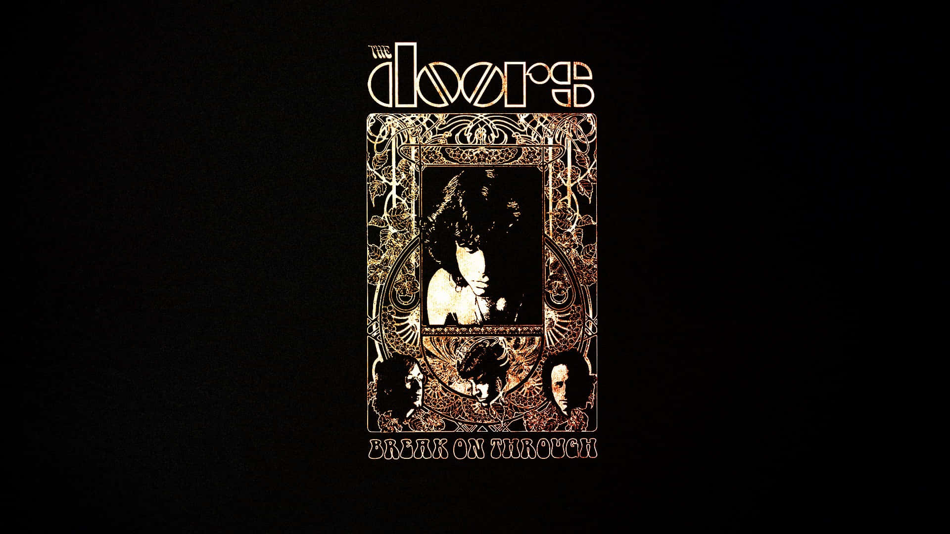  壁紙 — The Doors 的《Break On Through》復古迷幻專輯藝術，以華麗的金色花絲框架襯托黑色背景上的樂隊肖像。