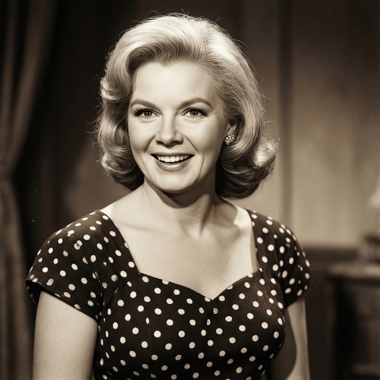 Betty White 桌布 壁紙 — 一位微笑女士的復古深褐色肖像，她穿著波點連衣裙，頭髮經過精心造型。