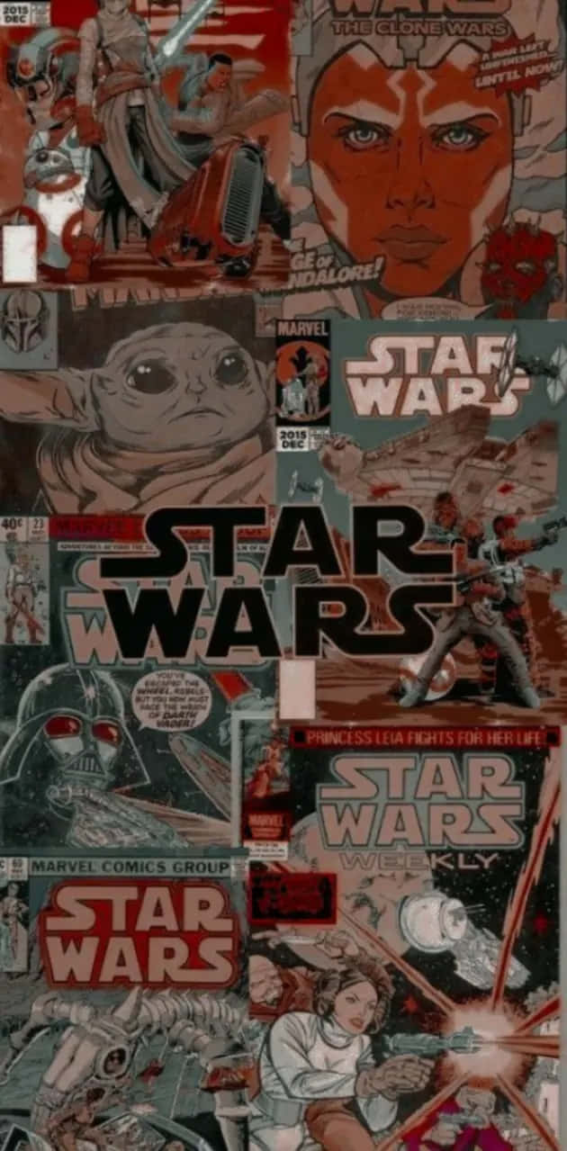 Star Wars Aesthetic 桌布 壁紙 — 一幅充滿活力的復古星際大戰漫畫書封面拼貼畫，以標誌性角色和戲劇性場景為特色，採用大膽的紅色和黑色色調。