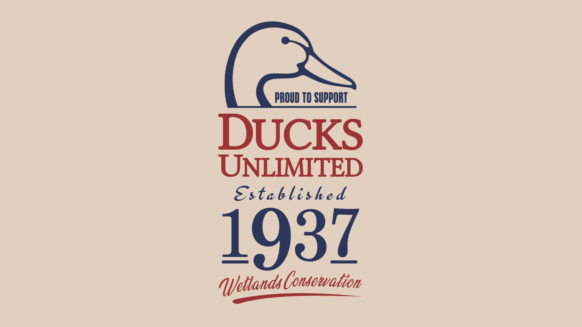  壁紙 — 一個復古風格的標誌，帶有鴨頭剪影和文字，宣揚Ducks Unlimited成立於1937年，致力於濕地保護。