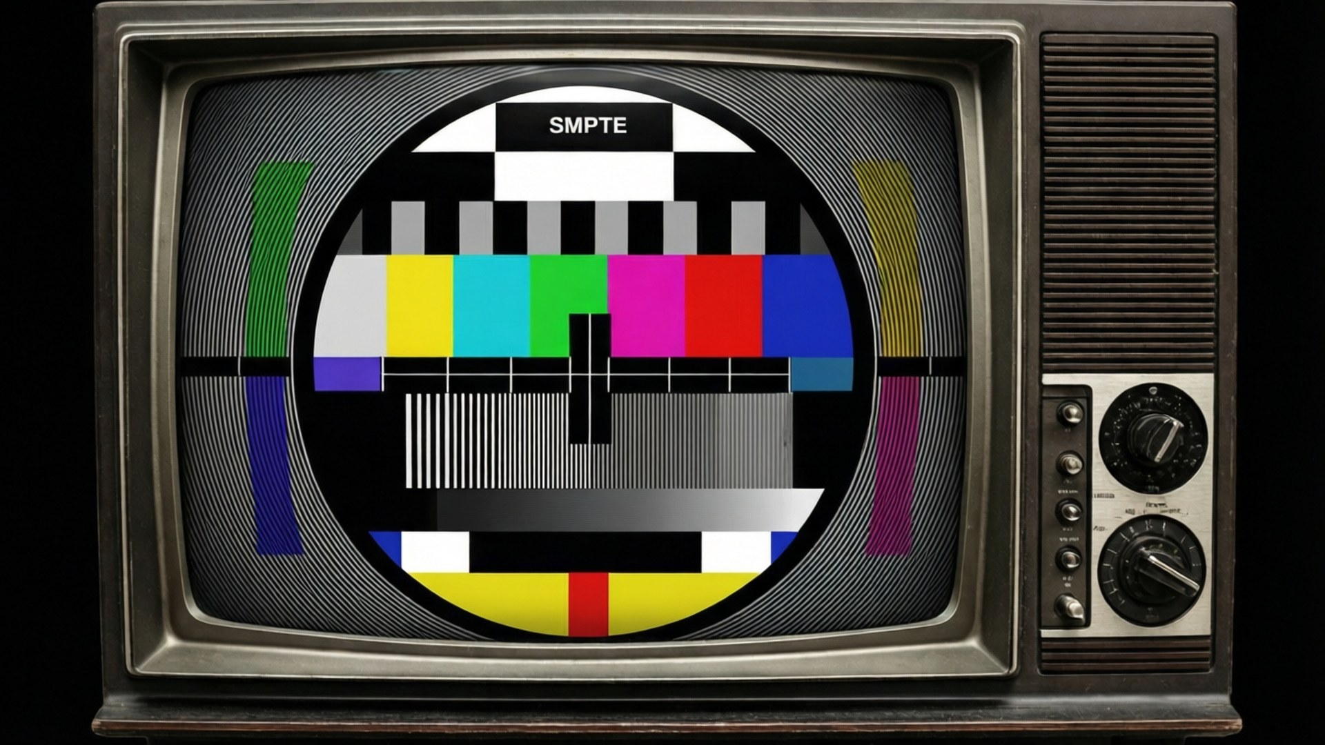 舊電視顯示SMPTE色條用於校準。